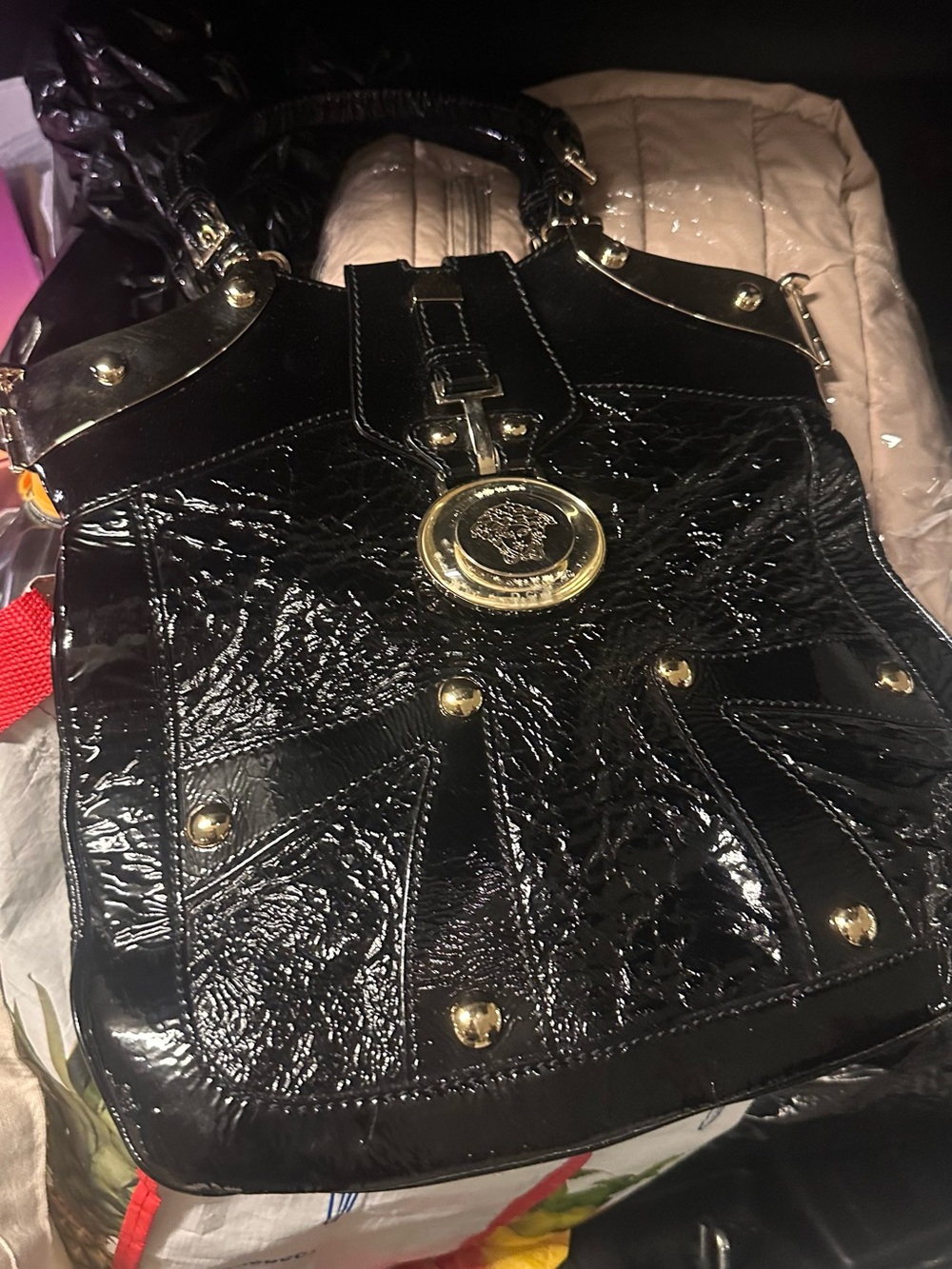 Versace Black Patent Hobo Bag with Gold Studs